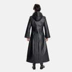 Men's long black hooded leather coat with full-length straight hem and flared sleeves