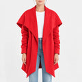 Women’s red fleece open front coat with oversized shawl collar, ruched sleeves and pointed hem
