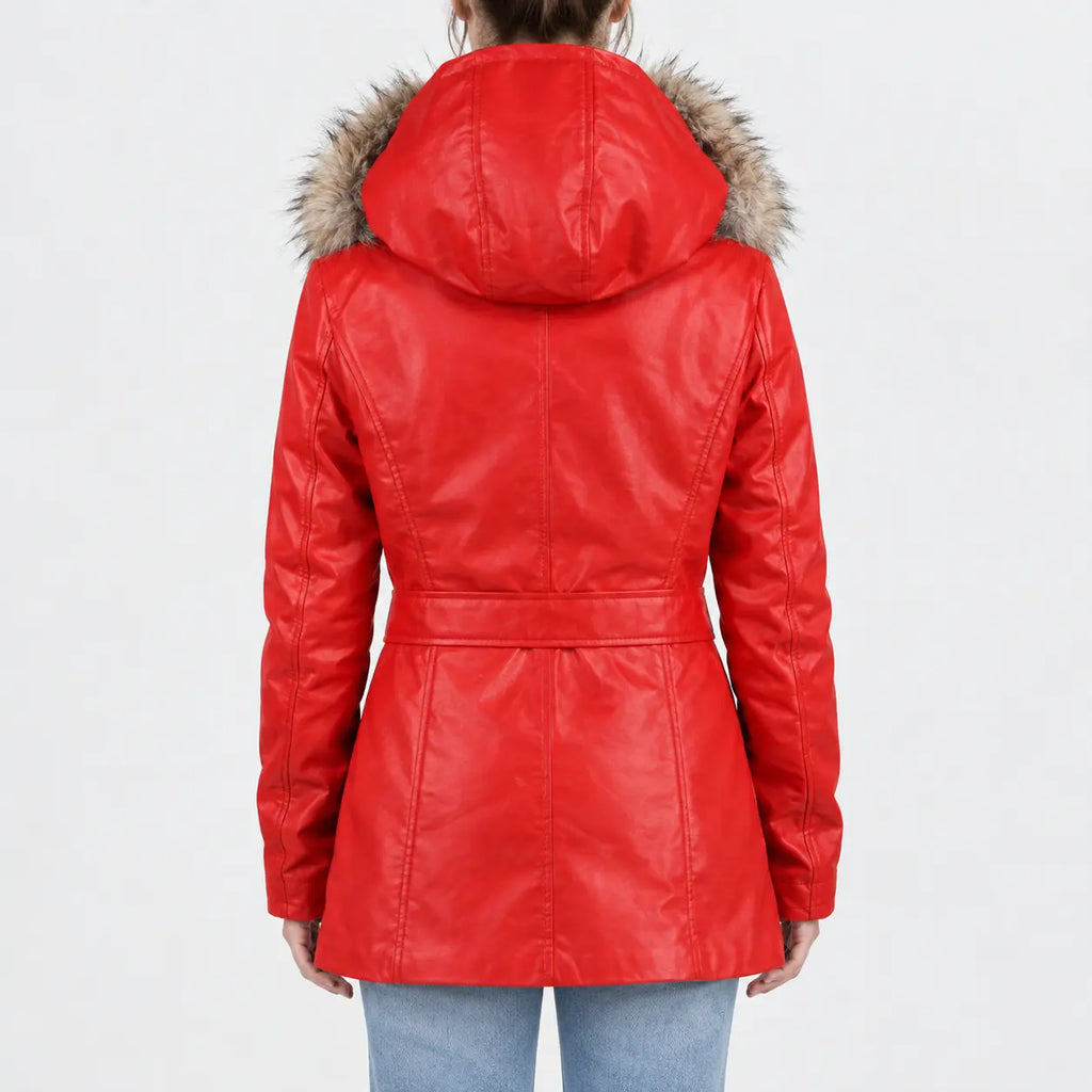 Women’s red leather belted coat with faux fur trimmed hood and tie belt