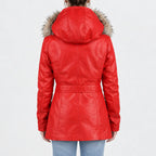 Women’s red leather belted coat with faux fur trimmed hood and tie belt