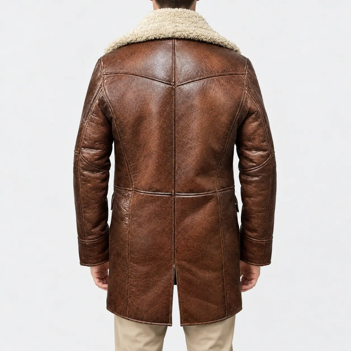 Men’s brown real leather shearling coat with fur collar and belted strap cuffs