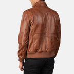 Coffmen brown A2 leather bomber jacket back view close-up