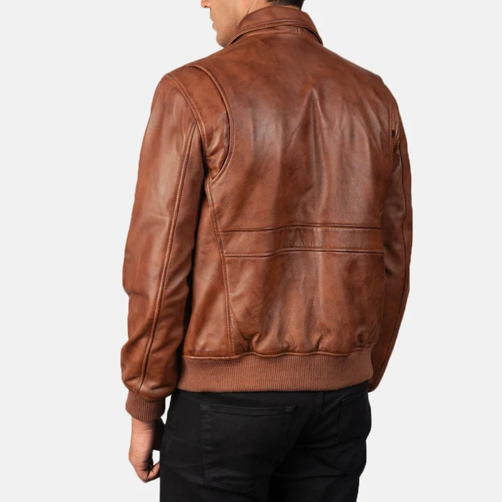 Coffmen brown A2 leather bomber jacket back view close-up