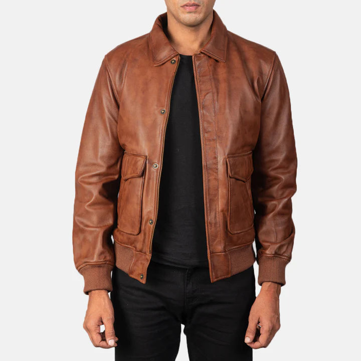 Coffmen brown A2 leather bomber jacket front view on model