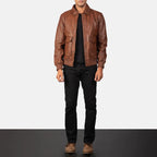 Coffmen brown A2 leather bomber jacket full body styling with jeans