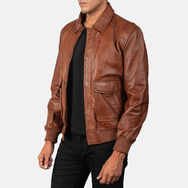 Coffmen brown A2 leather bomber jacket side view