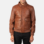 Coffmen brown A2 leather bomber jacket front view on model