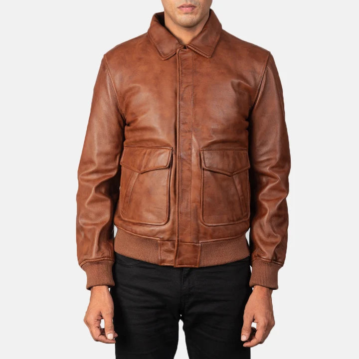 Coffmen brown A2 leather bomber jacket front view on model