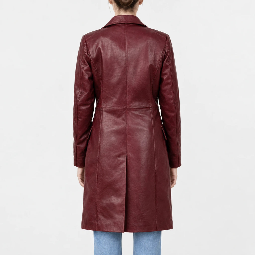 Women’s burgundy real leather trench coat with tailored fit and mid-length straight hem