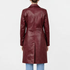 Women’s burgundy real leather trench coat with tailored fit and mid-length straight hem