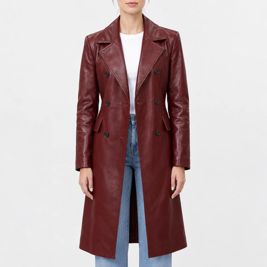 Women’s burgundy real leather double-breasted trench coat with notched lapel collar and flap pockets