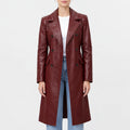 Women’s burgundy real leather double-breasted trench coat with notched lapel collar and flap pockets