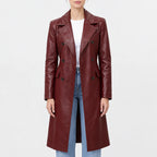 Women’s burgundy real leather double-breasted trench coat with notched lapel collar and flap pockets