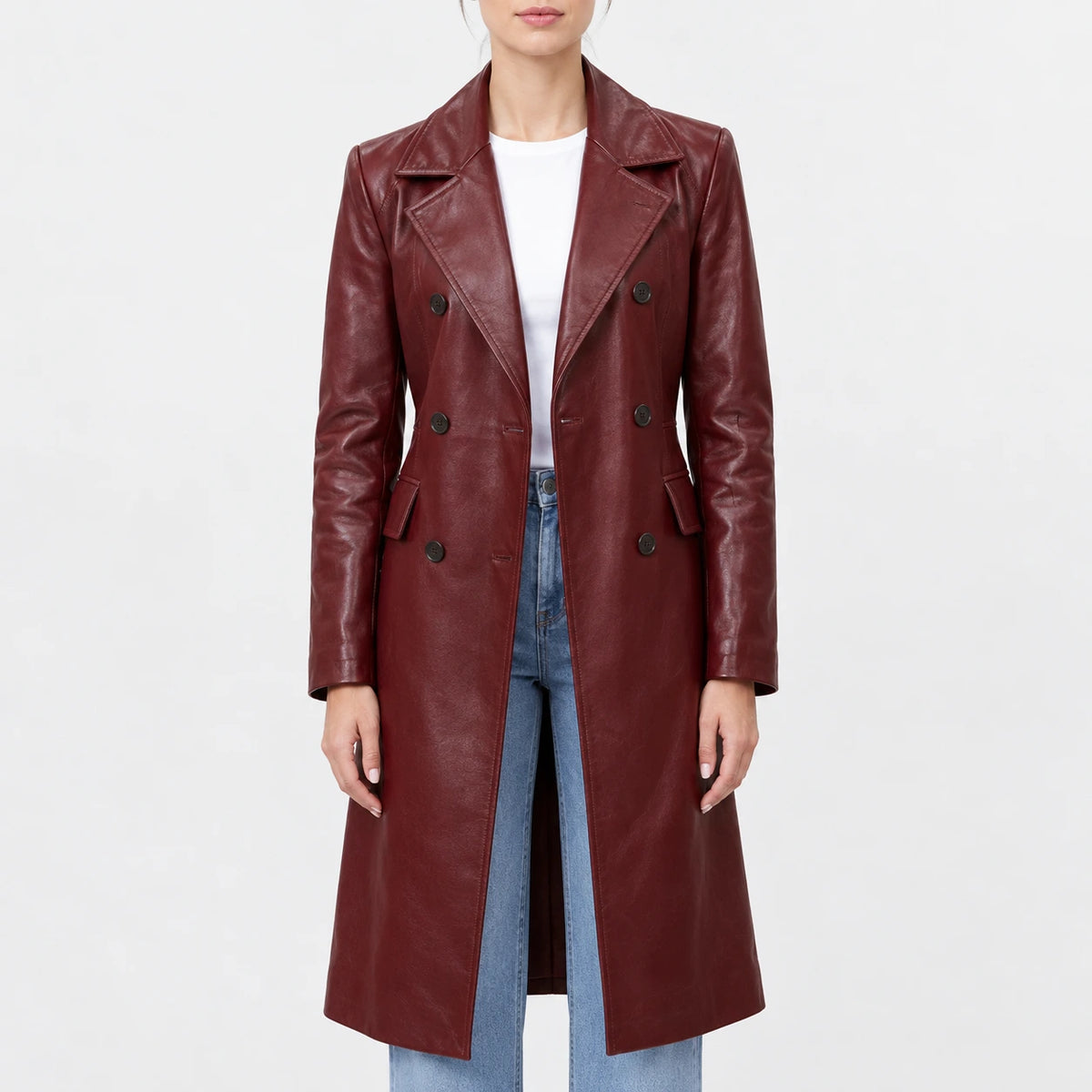 Women’s burgundy real leather double-breasted trench coat with notched lapel collar and flap pockets