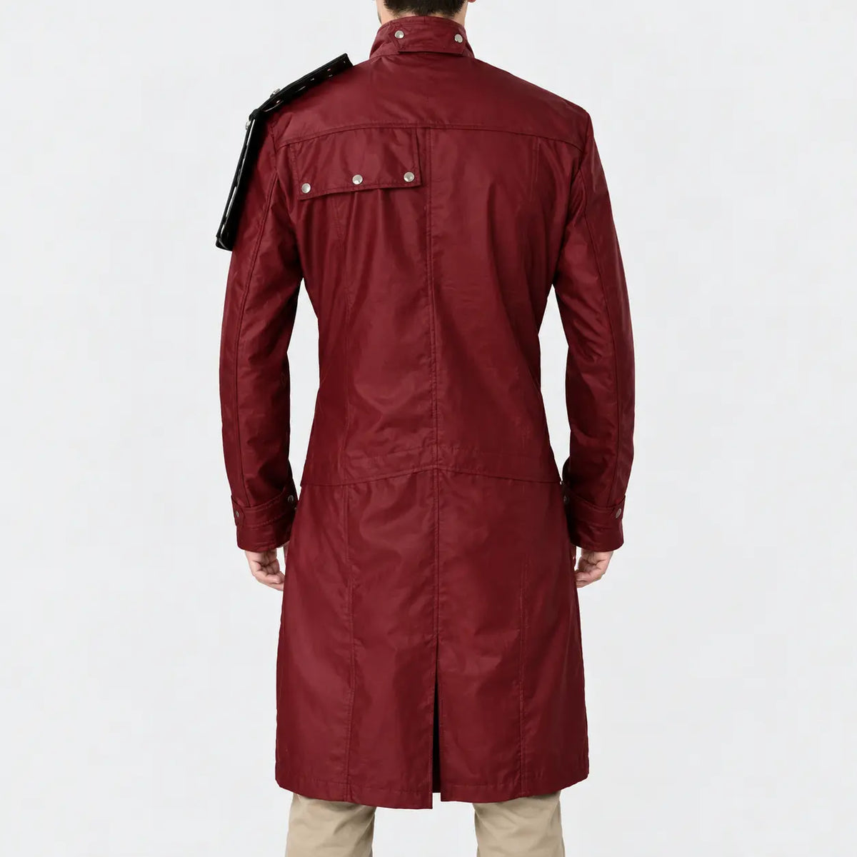 Men’s burgundy long coat with snap tab collar, buckle strap sleeve and long hem