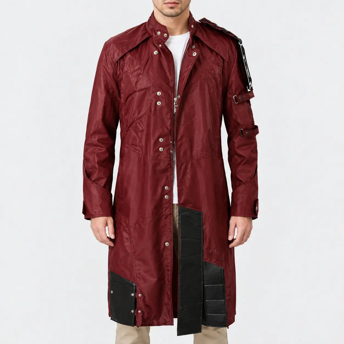 Men’s burgundy long coat with black contrast panels, snap tab collar, shoulder strap and front zipper