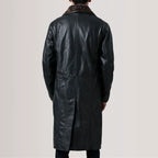 Men's Cai long black leather shearling coat with straight hem and panel seams