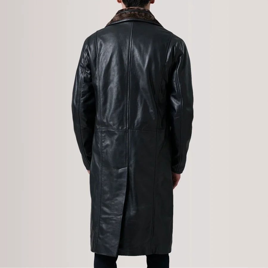 Men's Cai long black leather shearling coat with straight hem and panel seams