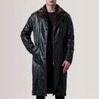 Men's Cai long black leather shearling coat with brown fur collar and button front
