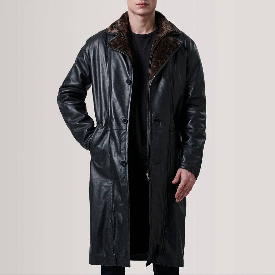 Men's Cai long black leather shearling coat with brown fur collar and button front