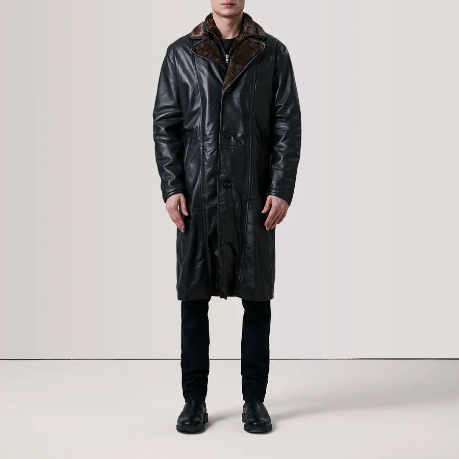 Men's Cai long black leather shearling coat worn full length with button closure, full length