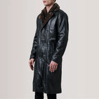 Men's Cai long black leather shearling coat with fur collar and straight hem