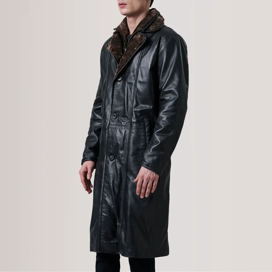 Men's Cai long black leather shearling coat with fur collar and straight hem