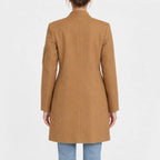 Women’s camel brown wool blend coat with tailored fit and mid-length straight hem, back view