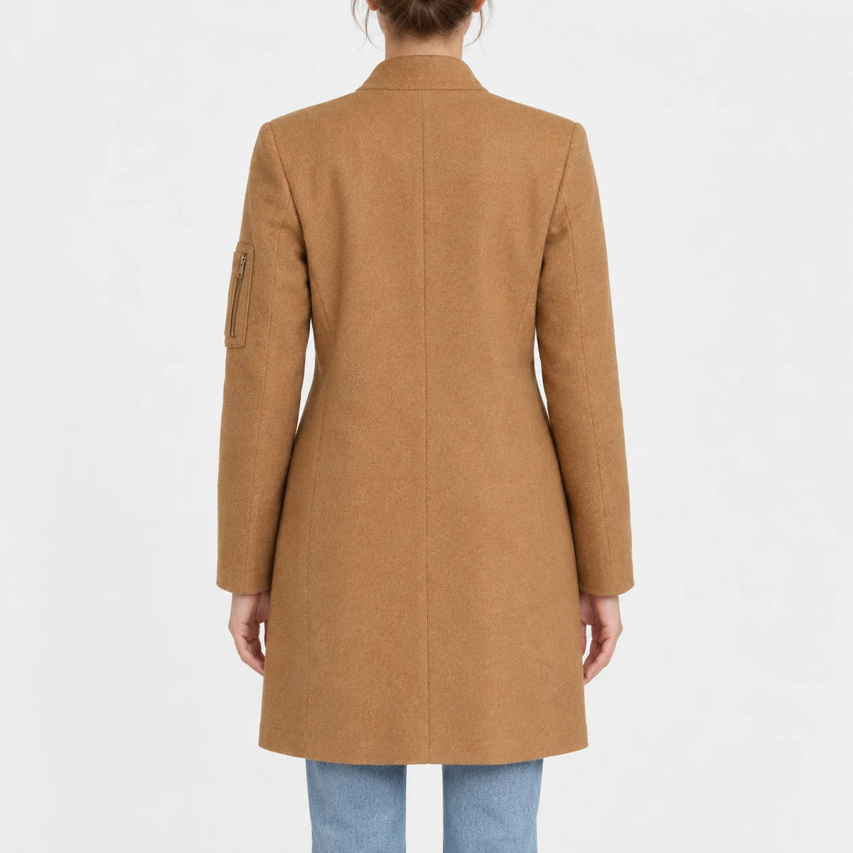 Women’s camel brown wool blend coat with tailored fit and mid-length straight hem, back view