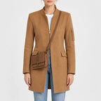 Women’s camel brown wool blend coat with stand collar, front zipper, flap pockets and sleeve zip pocket, front view