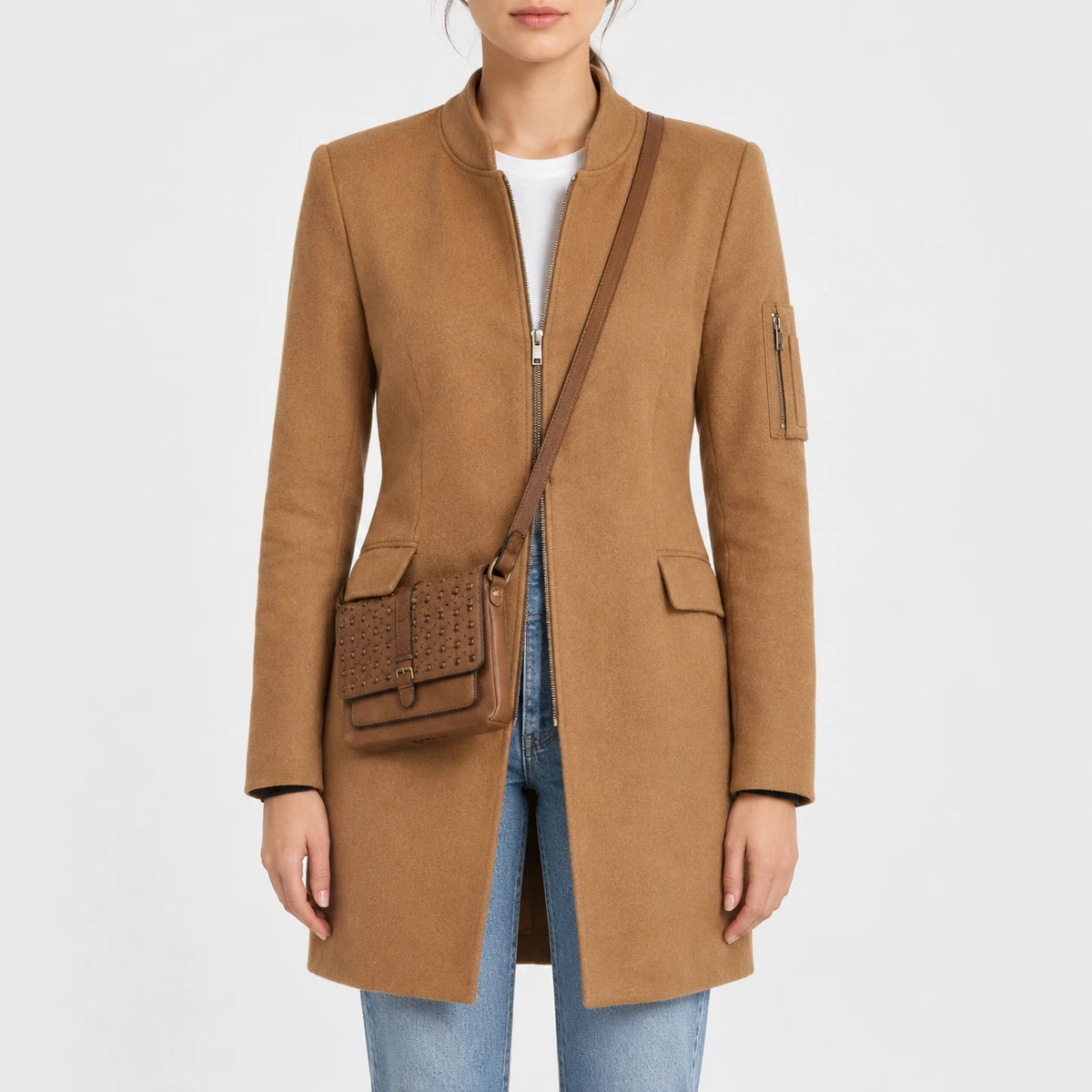 Women’s camel brown wool blend coat with stand collar, front zipper, flap pockets and sleeve zip pocket, front view