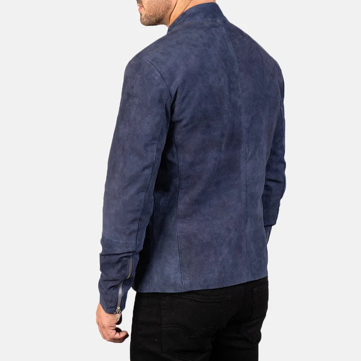 Back Angle View Showing Zipper Cuffs of Men's Navy Blue Suede Biker Jacket
