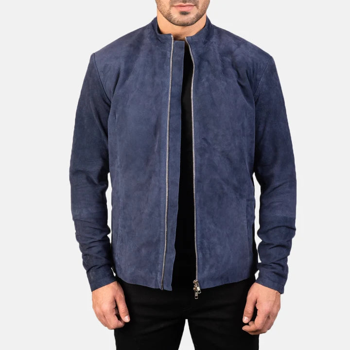 Charcoal Navy Blue Suede Biker Jacket for Men 