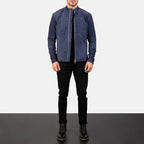 Full Length View of Model Wearing Charcoal Navy Blue Suede Biker Jacket