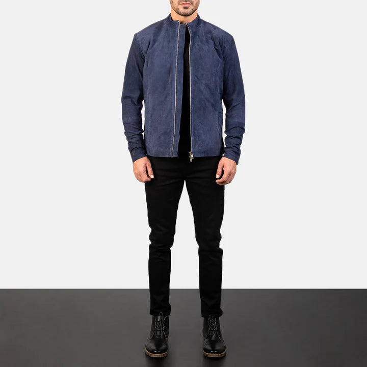 Full Length View of Model Wearing Charcoal Navy Blue Suede Biker Jacket