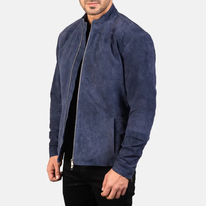 Side Profile View of Men's Navy Blue Suede Biker Jacket