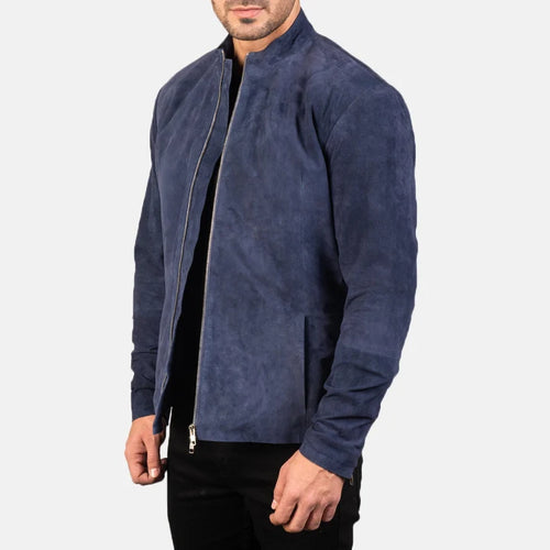 Side Profile View of Men's Navy Blue Suede Biker Jacket
