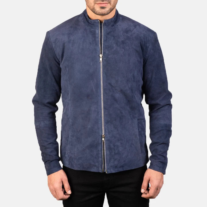 Men's Charcoal Navy Blue Suede Jacket Zipped Up Front Shot