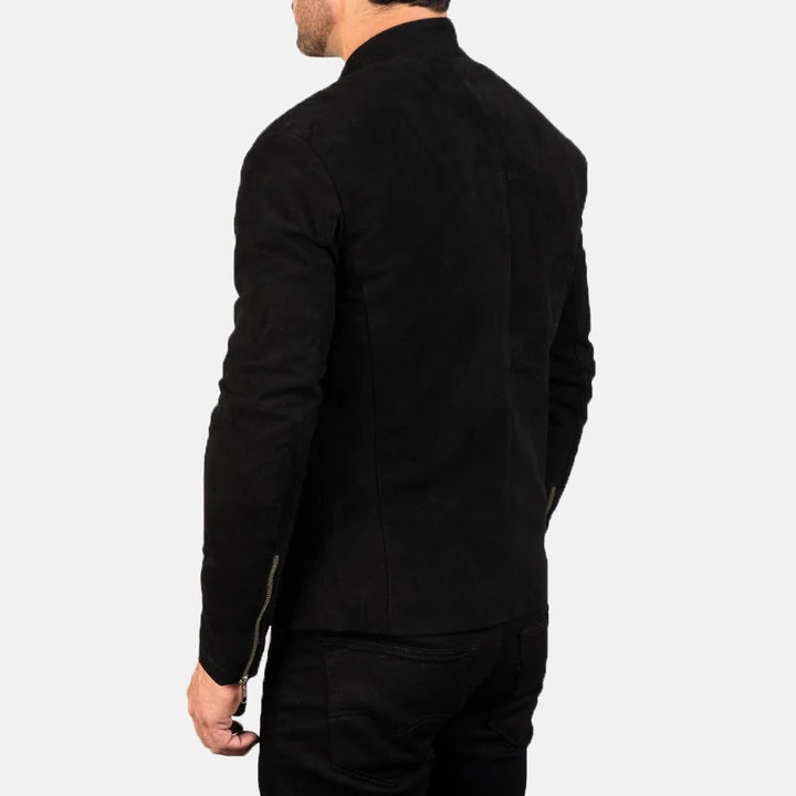 Back View Showing Zipper Cuffs on Men's Charcoal Black Suede Biker Jacket
