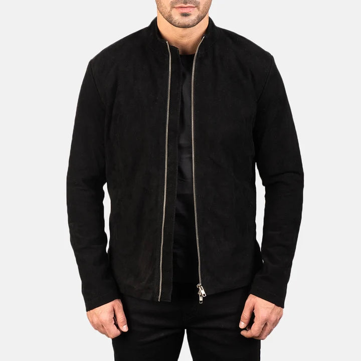 Men's Charcoal Black Suede Biker Jacket Front View