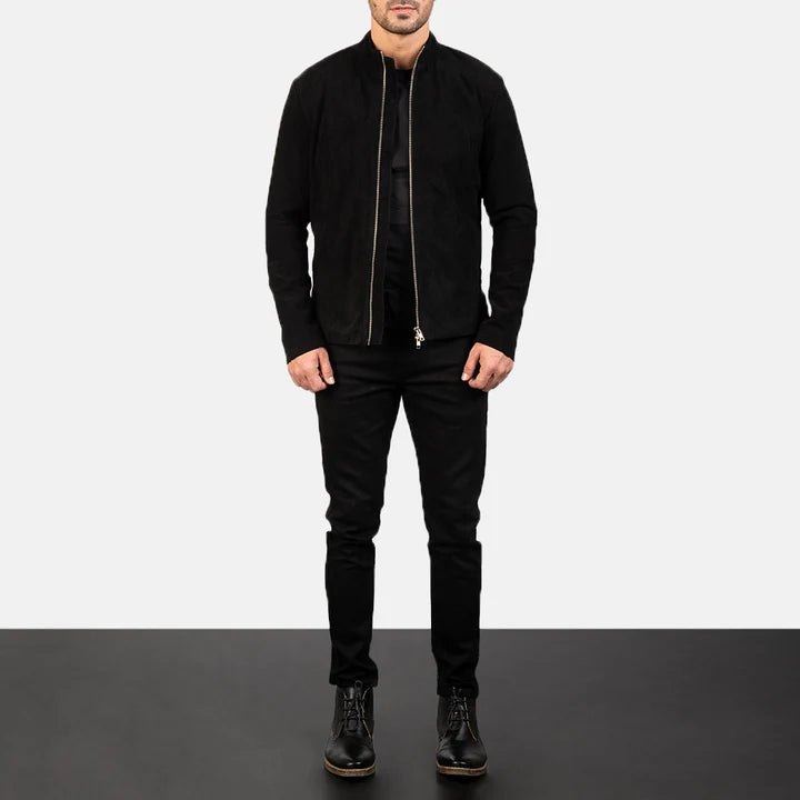 Full Length View of Model Wearing Charcoal Black Suede Biker Jacket with Black Jeans