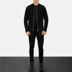 Full Length View of Model Wearing Charcoal Black Suede Biker Jacket with Black Jeans