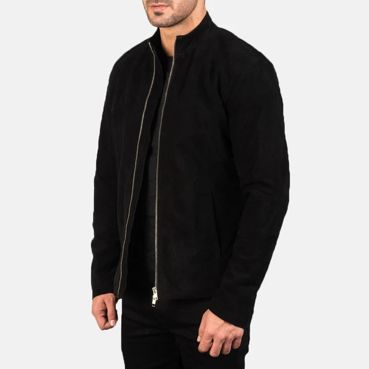 Side Profile View of Men's Charcoal Black Suede Biker Jacket