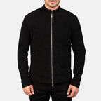 Close-up Shot of Charcoal Black Suede Biker Jacket Band Collar and Zipper