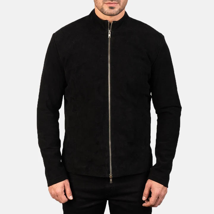 Close-up Shot of Charcoal Black Suede Biker Jacket Band Collar and Zipper