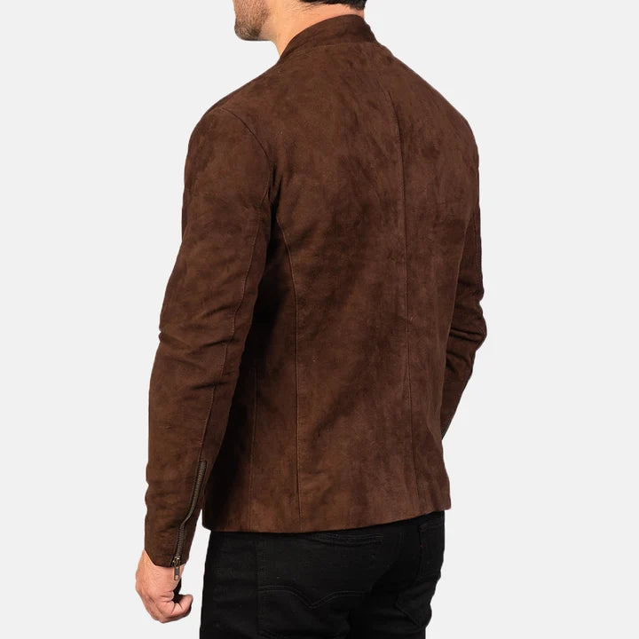Back View Showing Sleeve Zipper Details on Charcoal Mocha Suede Biker Jacket