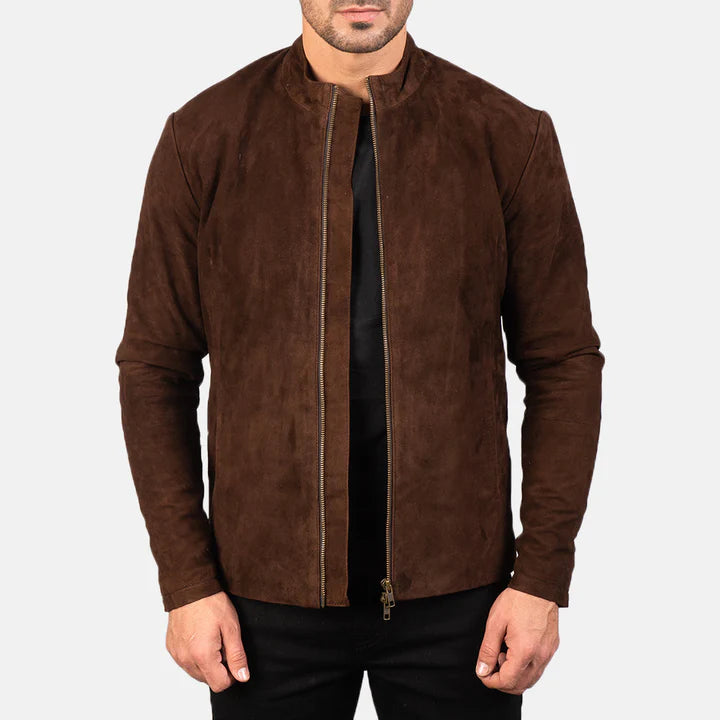 Men's Charcoal Mocha Suede Biker Jacket Front View