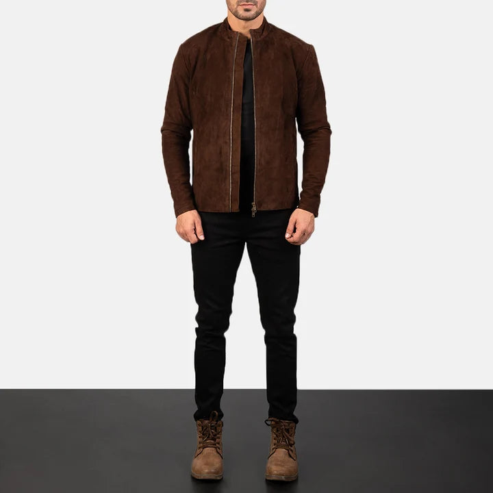 Full Length View of Model Wearing Charcoal Mocha Suede Biker Jacket