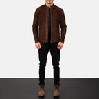 Full Length View of Model Wearing Charcoal Mocha Suede Biker Jacket