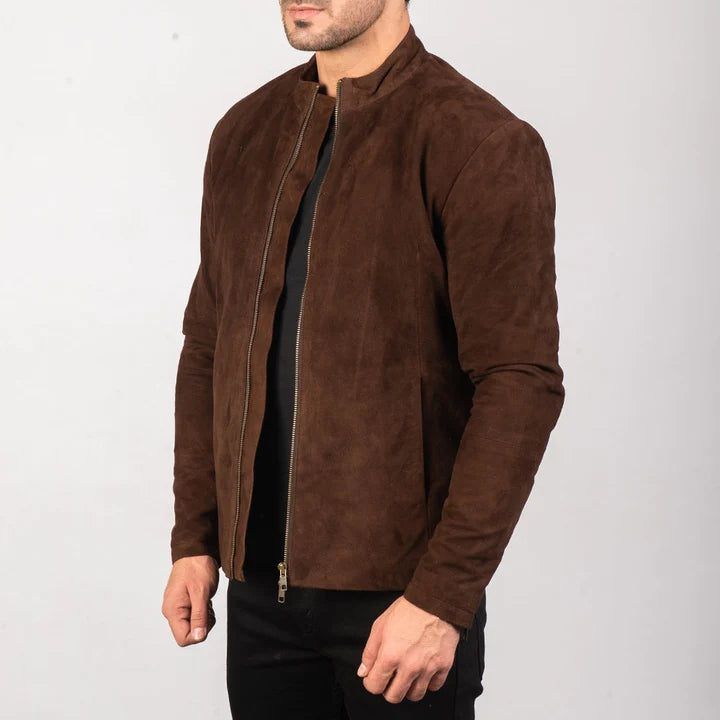 Side Angle View of Men's Charcoal Mocha Suede Biker Jacket